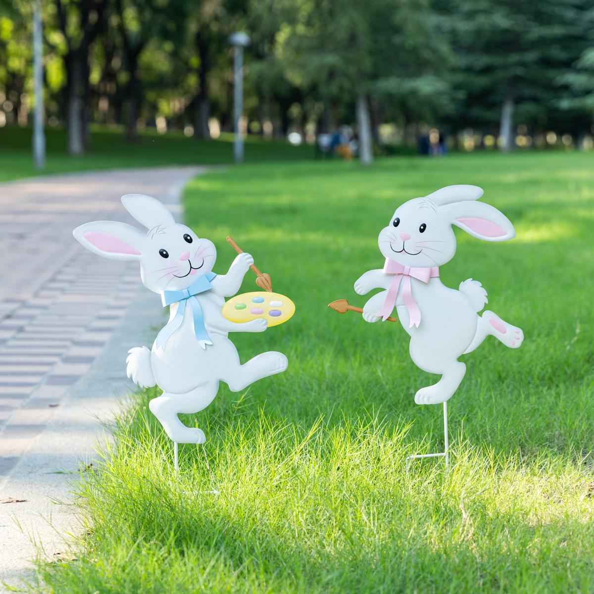 Set of 2 Easter Metal Bunny Yard Stakes | HSN