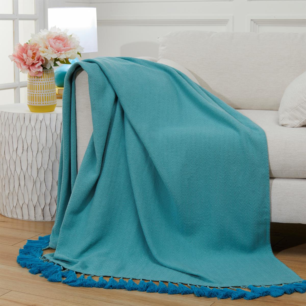 Teal throw blanket online with tassels