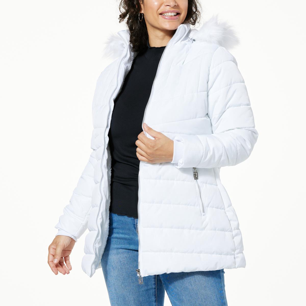 White fur hood online puffer jacket