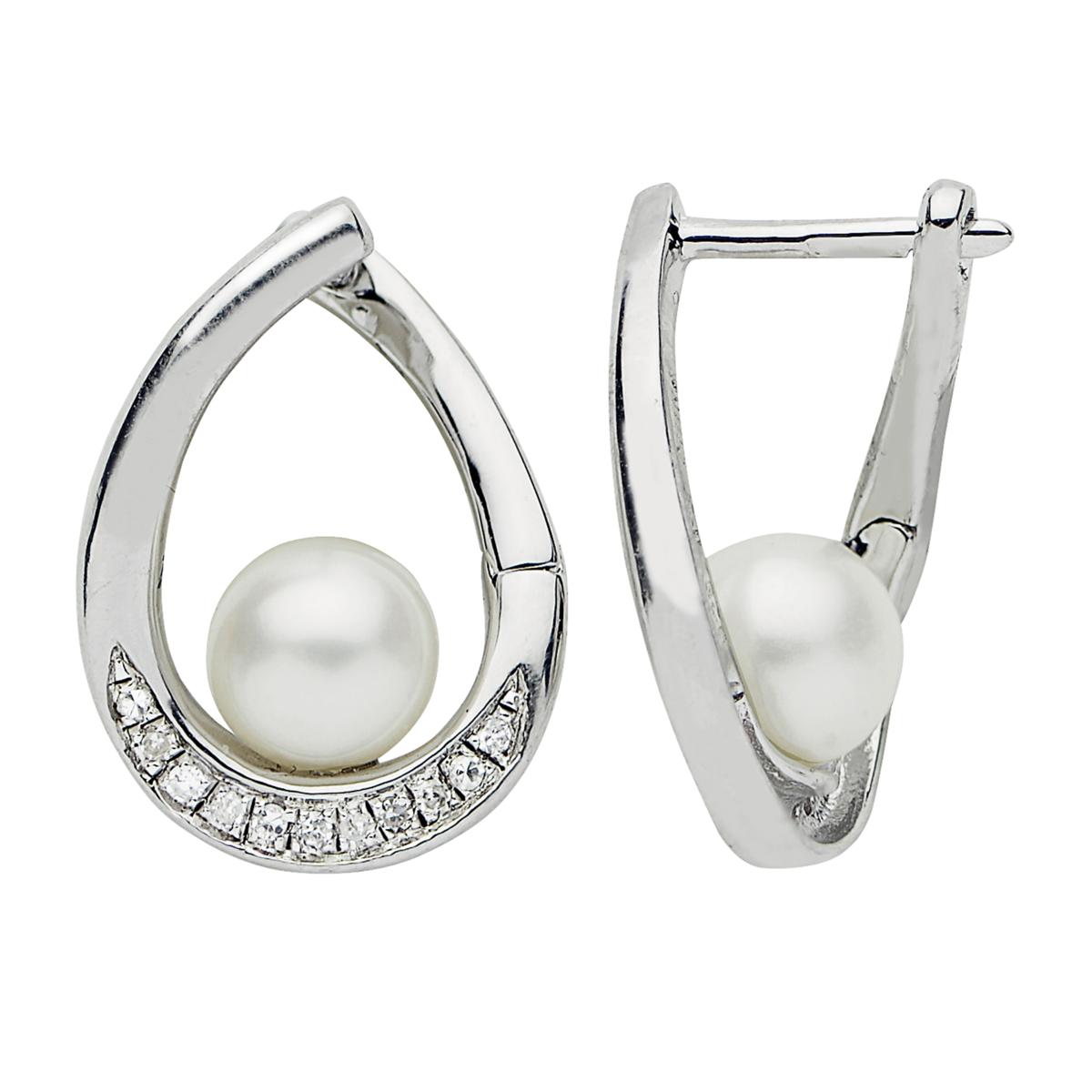 Sterling Silver 6-6.5mm Cultured Pearl and Diamond Torqued Earrings ...