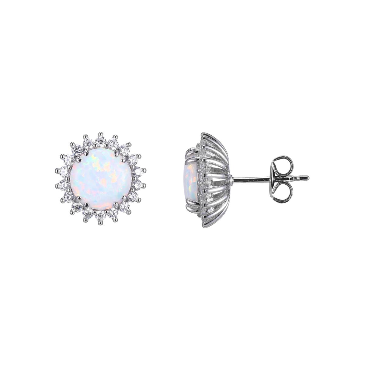 Sterling Silver Round White Created Opal And CZ Halo Post Earrings Sterling Silver Round White Created Opal And CZ Halo Post Earrings