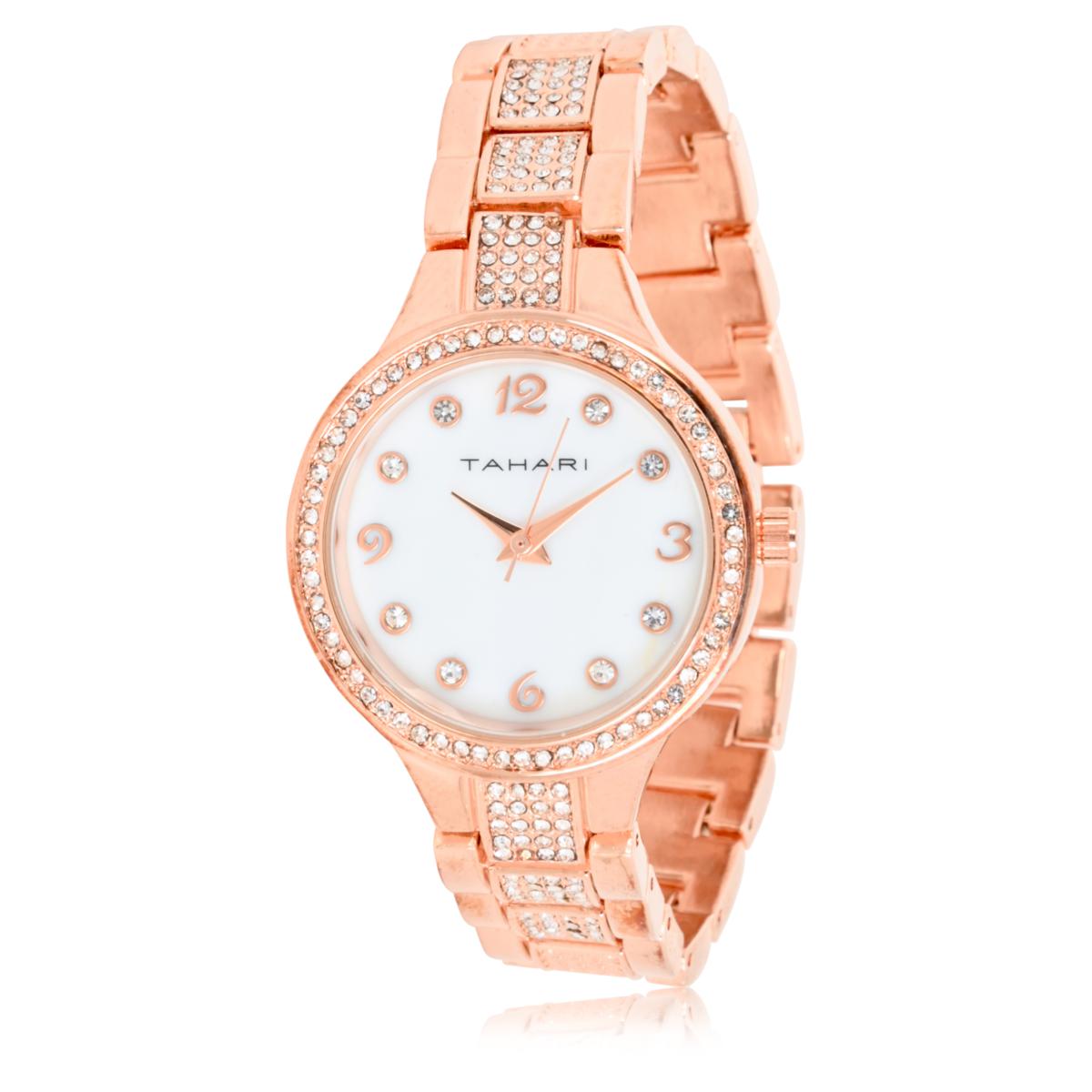 Tahari Watch Womens Rose Gold Tone Mother of Pearl Mesh Bracelet Quartz WORKS TAHARI Brown & Rose Gold Tone Embellished Watch Watch Brown  main image 2