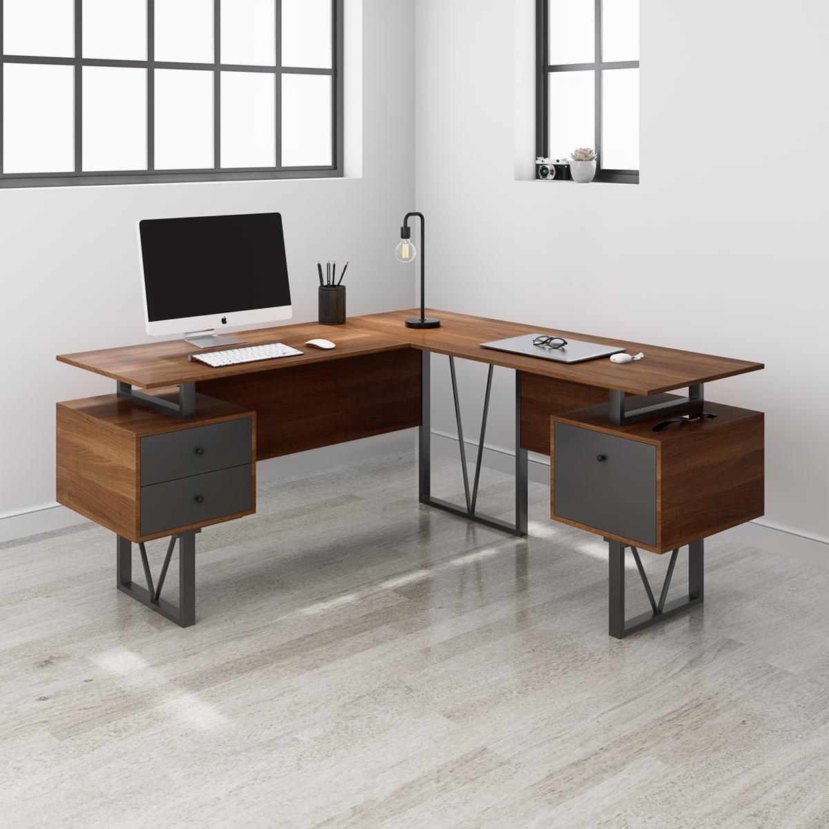 Techni Mobili  L-Shape Home Office Two-Tone Desk with Storage