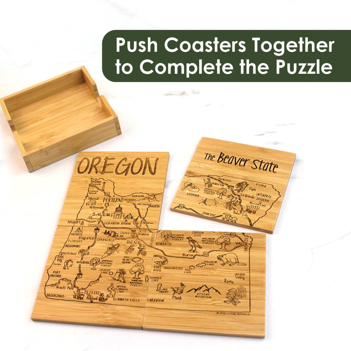 Newest Personalized Engraved Oklahoma State Puzzle 4 Piece Bamboo Coaster Set with Case