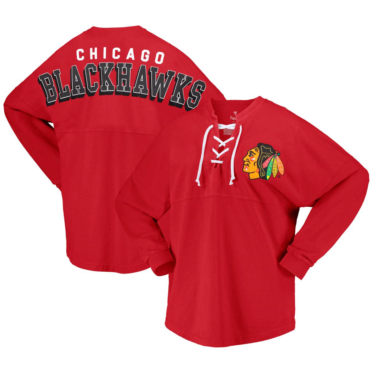 Women s Fanatics Red Chicago Blackhawks Spirit Lace Up V Neck Long Sleeve Jersey T Shirt