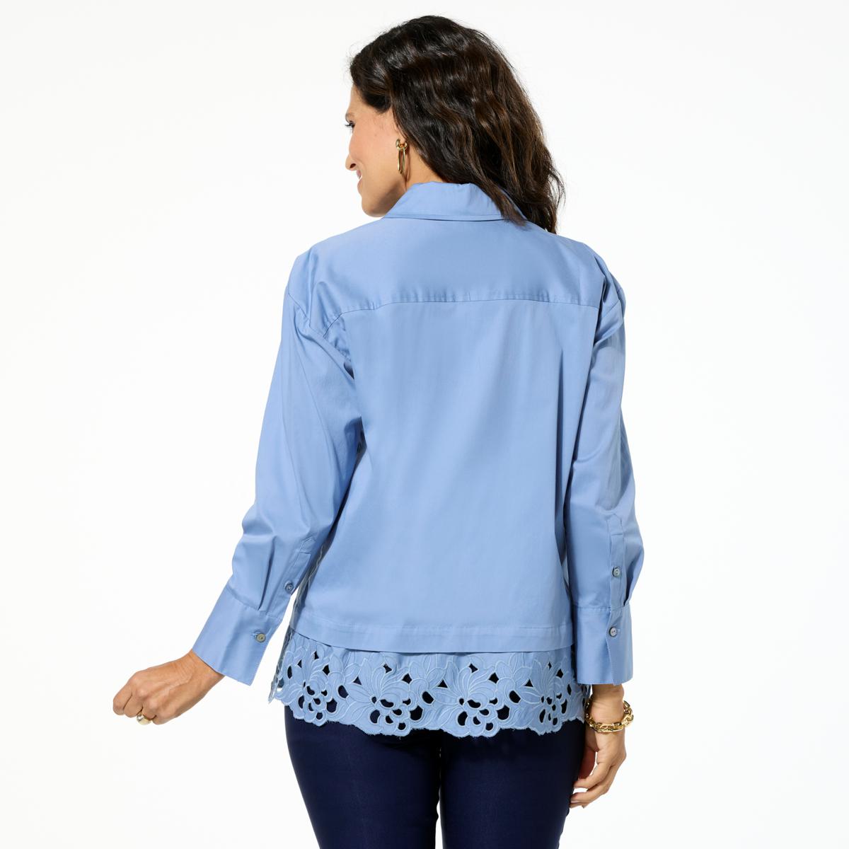 WynneCollection Cotton-Blend Poplin Top with Lace Hem | HSN