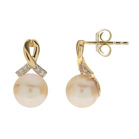 10K Yellow Gold 7-7.5mm Cultured Pearl and Diamond Ribbon Earrings