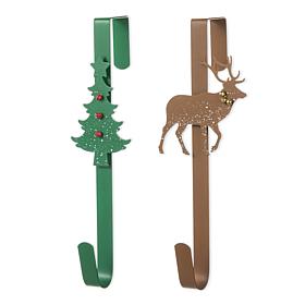 14" H Christmas Tree and Reindeer Metal Wreath Hanger - Set of 2