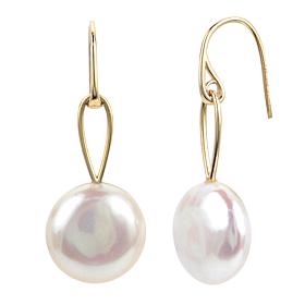 14K Gold 11-12mm Cultured Freshwater Coin Pearl Dangle Earrings