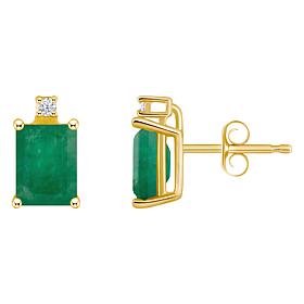 14K Yellow Gold 6x4mm Emerald-Cut Gemstone and Diamond Stud Earrings