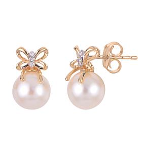 14K Yellow Gold 7-7.5mm Cultured Pearl and Diamond Bow Earrings
