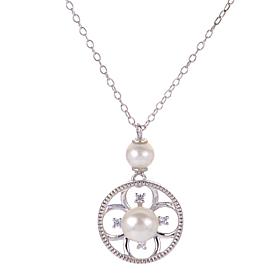 18" 4-6mm Cultured Pearl and Created Sapphire Quatrefoil Necklace