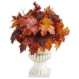 20 in. Autumn Maple Leaf and Berries Artificial Plant in White Urn