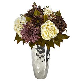 22 in. Peony, Hydrangea and Dahlia Artificial Arrangement in Silver...
