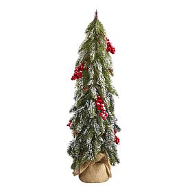 24 in. Flocked Christmas Artificial Tree with Berries and Pine Cones