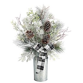 28” Frosted Greenery and Pinecone in Decorative Tin