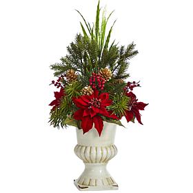 28 in. Poinsettia, Grass and Succulent Artificial Arrangement in Wh...