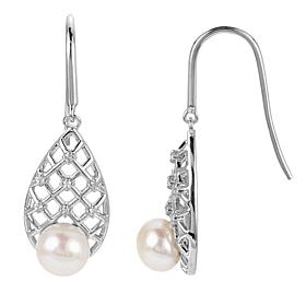 6-7mm Cultured Pearl and Created Sapphire Lattice Drop Earrings