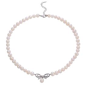 6-8mm Cultured Pearl and Created White Sapphire Bow Necklace