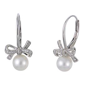 6.5-7mm Cultured Pearl and Created White Sapphire Bow Drop Earrings