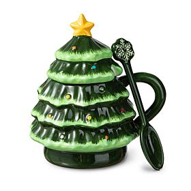 6.5" Christmas Ceramic Tree Mug with Lid and Spoon