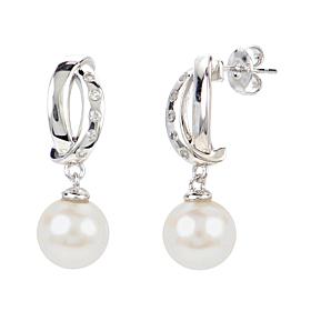 7-7.5mm Cultured Pearl and Created Sapphire Half-Hoop Dangle Earrings