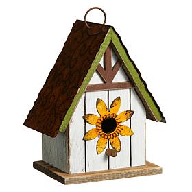 8.25"H Decorative Outdoor Birdhouse w/3D Metal Roof and Flower