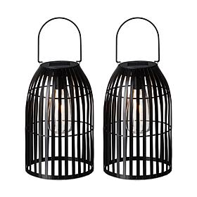 9.75"H 2 Black Metal Stripes Solar Powered Edison Bulb Hanging Lantern