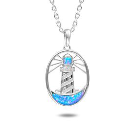 Alamea Sterling Silver Synthetic Blue Opal and CZ Light House Pendant