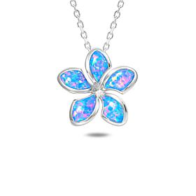 Alamea Sterling Silver Synthetic Blue Opal Plumeria Flower Pendant
