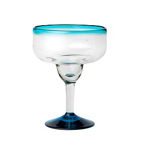 Aqua Rim Handblown Mexican Margarita Glass - Set of 6