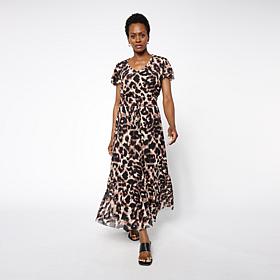"As Is" C Wonder Mesh Printed Flutter Sleeve Tiered Dress