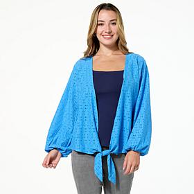 "As Is" Colleen Lopez Crochet Eyelet Knit Tie-Front Topper