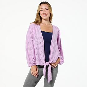 "As Is" Colleen Lopez Crochet Eyelet Knit Tie-Front Topper