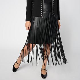 "As Is" Colleen Lopez Faux Leather Midi Skirt with Fringe