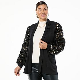 "As Is" Colleen Lopez Feathered Balloon Sleeve Cardigan