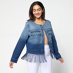 "As Is" Colleen Lopez Ombre Denim Fringe Trim Button-Front Jacket