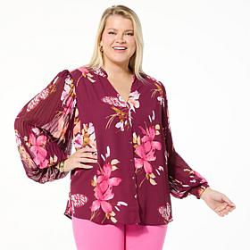 "As Is" Colleen Lopez Printed Woven Crepe Blouson Sleeve Blouse