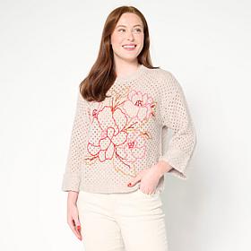 "As Is" Democracy Floral Embroidered 3/4-Sleeve Sweater