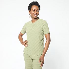 "As Is" DG2 by Diane Gilman Asymmetric Ruched Stripe Front Yoke Top