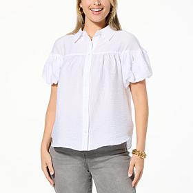 "As Is" DG2 by Diane Gilman Balloon-Sleeve Button-Up Blouse