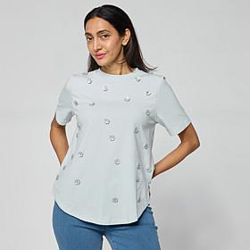 "As Is" DG2 by Diane Gilman Cotton Jersey 3D Floral Embellished Tee