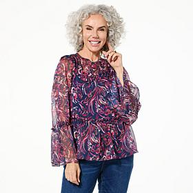 "As Is" DG2 by Diane Gilman Crinkle Chiffon Bell Sleeve Blouse