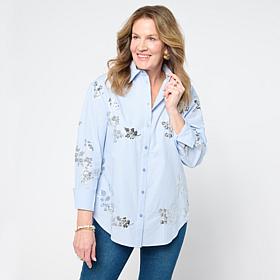 "As Is" DG2 by Diane Gilman Embellished Striped Poplin Button-Down ...
