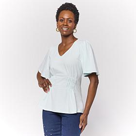 "As Is" DG2 by Diane Gilman Flutter-Sleeve Shirred Waist V-Neck Kni...