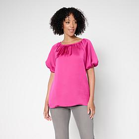 "As Is" DG2 by Diane Gilman Hammered Satin Bubble Sleeve Top