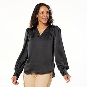 "As Is" DG2 by Diane Gilman Hammered Satin Draped Sleeve Blouse
