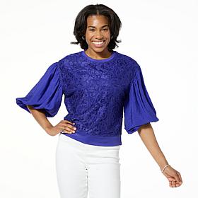 "As Is" DG2 by Diane Gilman Lace-Front 3/4 Lantern Sleeve Blouse
