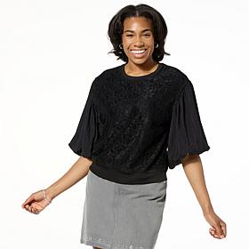 "As Is" DG2 by Diane Gilman Lace-Front 3/4 Lantern Sleeve Blouse