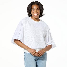 "As Is" DG2 by Diane Gilman Lace-Front 3/4 Lantern Sleeve Blouse